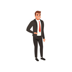 Obraz premium Young businessman in black formal suit. Man with smiling face expression. Flat vector illustration