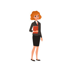 Business woman in formal suit with folder in hands. Young office worker. Flat vector illustration