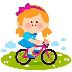 Happy little girl riding a bicycle at the park. Vector illustration