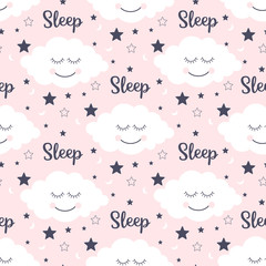 Seamless pattern with smiling sleeping clouds and stars. Vector illustration