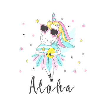 Сute unicorn with inscription - Aloha. For print design. Can be used for poster, greeting card, bags, t-shirt. Vector  Illustration