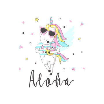 Сute unicorn with inscription - Aloha. For print design. Can be used for poster, greeting card, bags, t-shirt. Vector  Illustration