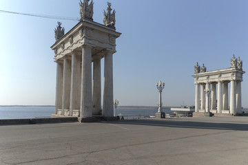 Volgograd, Russia, architectural ensemble of the Central embankment, in the early spring morning.