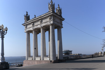 Volgograd, Russia, architectural ensemble of the Central embankment, in the early spring morning.