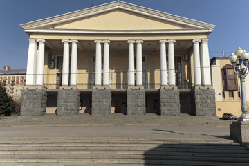 Volgograd, Russia, architectural ensemble of the Central embankment, in the early spring morning.