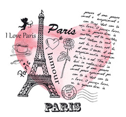 Fototapeta na wymiar Eiffel Tower on the background of watercolor heart.