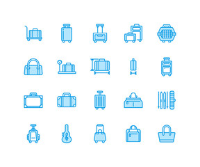 Luggage blue flat line icons. Carry-on, hardside suitcases, wheeled bags, pet carrier, travel backpack. Baggage dimensions and weight thin linear signs. Pixel perfect 64x64.