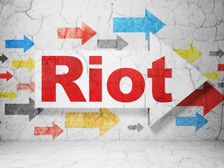 Politics concept:  arrow with Riot on grunge textured concrete wall background, 3D rendering