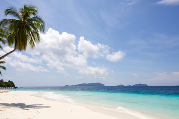 Naklejka na ściany i meble exotic seascape and beautiful beach of white sand in raja ampat archipelago