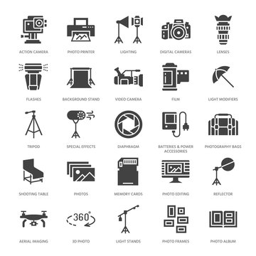 Photography equipment flat glyph icons. Digital camera, lighting, video cameras, accessories, memory card. Vector illustration, signs for photo studio. Solid silhouette pixel perfect 64x64.