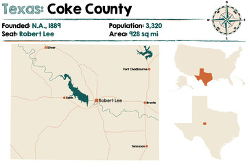Detailed map of Coke county in Texas, USA.