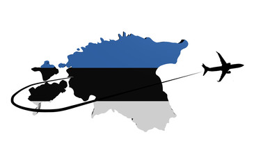 Estonia map flag with plane silhouette and swoosh 3d illustration