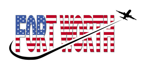 Fort Worth flag text with plane silhouette and swoosh illustration