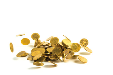 Falling gold coins money isolated on the white background, business money and finance concept.