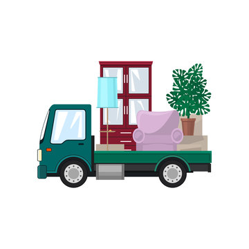 Small Truck is Transporting Furniture, Isolated on a White Background, Delivery Services, Vector Illustration
