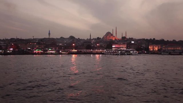 Golden horn - Suleymaniye mosque at Eminonu district in Istanbul, Turkey. Steadicam shot