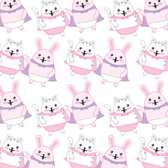 cute rabbit and cat with cloak pattern kawaii character vector illustration design
