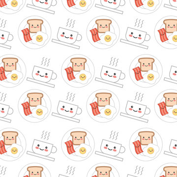 delicious dish of food with hot coffee pattern kawaii character vector illustration design