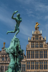 Antwerp, Belgium - Mai 1,2018: statue of brabo on the main square of Antwerp