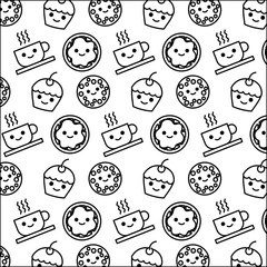 delicious food with cup pattern kawaii character vector illustration design
