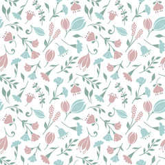 Fototapeta premium Delicate seamless floral pattern background with cute flowers and grasses in pastel colors