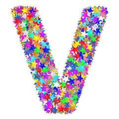 Alphabet symbol letter V composed of colorful stars isolated on white