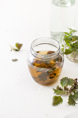 Decoction of fresh nettle with twigs of green nettle on white