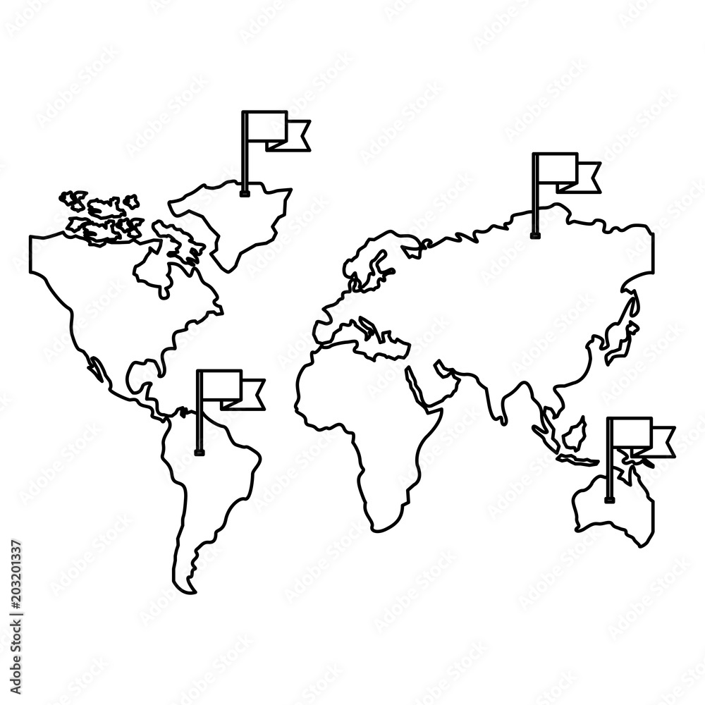 Sticker world maps with flags in sticks vector illustration design