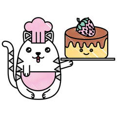 cute cat chef with delicious cake and fruit strawberry kawaii character vector illustration design