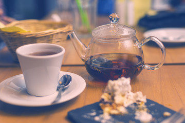 Tea pot on the table of restaurant