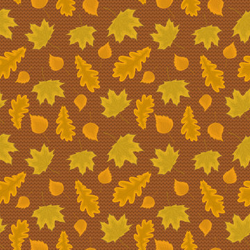 Autumn background. Seamless pattern with autumn leaves on a knitted background. There are leaves of maple, oak and birch in the picture. Vector illustration
