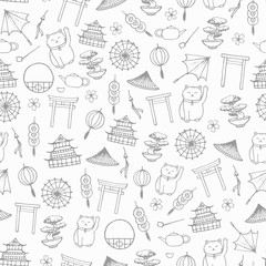 Hand drawn vector asian seamless pattern with umbrellas, japanese lucky cats, coins, lanterns, bonsai and torii gates contours in sketchy style on the white background.