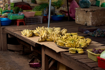 Food market with fresh bunch of bananas in Banlung town, Cambodia. 