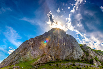 Valisoara gorge in Romania. Mountain cliffs on a sunny spring day