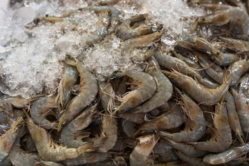 Cambodian local street food market with fresh shrimps in ice