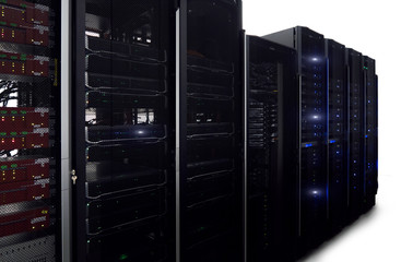 Big data telecommunication storage server. Server room on isolated white background. 