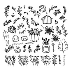 Hand Drawn Flower and Branches Elements,Doodle Art