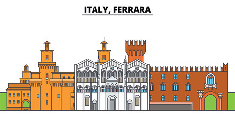 Italy, Ferrara. City skyline, architecture, buildings, streets, silhouette, landscape, panorama, landmarks, icons. Editable strokes. Flat design line vector illustration concept