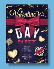 Valentines Day Party Flyer with golden heart, gift box, realistic bow, confetti and serpentine. eps10 vector