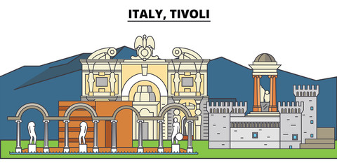 Italy, Tivoli. City skyline, architecture, buildings, streets, silhouette, landscape, panorama, landmarks, icons. Editable strokes. Flat design line vector illustration concept