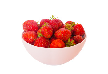 Fresh ripe strawberry in bowl isolated on white background. Selective focus.