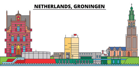 Netherlands, Groningen. City skyline, architecture, buildings, streets, silhouette, landscape, panorama, landmarks, icons. Editable strokes. Flat design line vector illustration concept