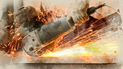 Male Worker Sawing Grinder Metal . Watercolor background