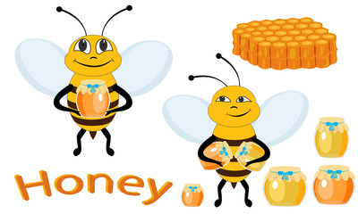 Honey and bees isolated on white background. Honeycombs, bee and honey close-up. Vector illustration.