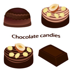 Chocolate bar and chocolate candies isolated on white background. Vector illustration.