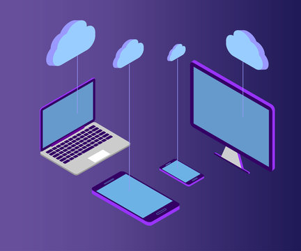laptop, pc, tablet, phone,3D Isometric, cloud 2 violet