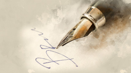 Fountain pen close-up. Watercolor background - 203207731