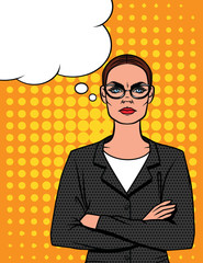 Vector colorful illustration comic art style of angry woman in glasses with crossed arms. Furious lady boss  in office suit standing in front over dot background