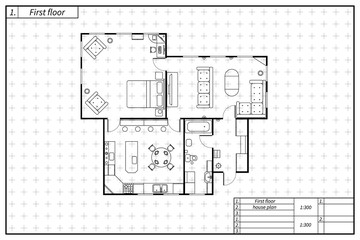 Black architecture plan of house in blueprint style on white