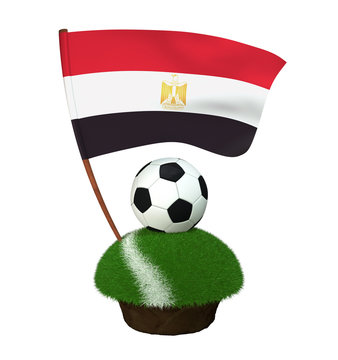 A black and white round ball for playing football and the national flag of Arab Republic of Egypt are located on a stretch of a football field with green grass and a white stripe. 3D Illustration